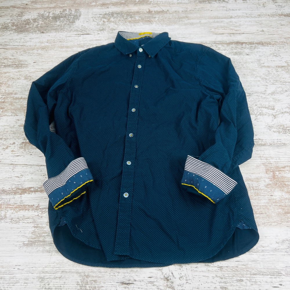 Denim & Flower Ricky Singh Mens L Navy Micro Dot Cotton Button Down Shirt
